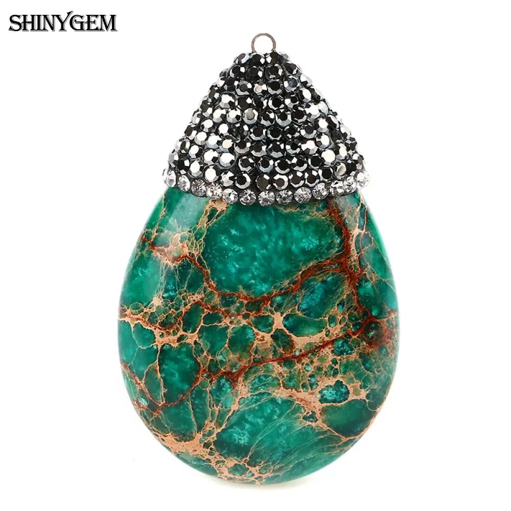 ShinyGem большой натуральный камень кулон красный зеленый морской синий овальный Капля воды морской осадочный Jaspers камень подвески для DIY ювелирных изделий - Окраска металла: Green