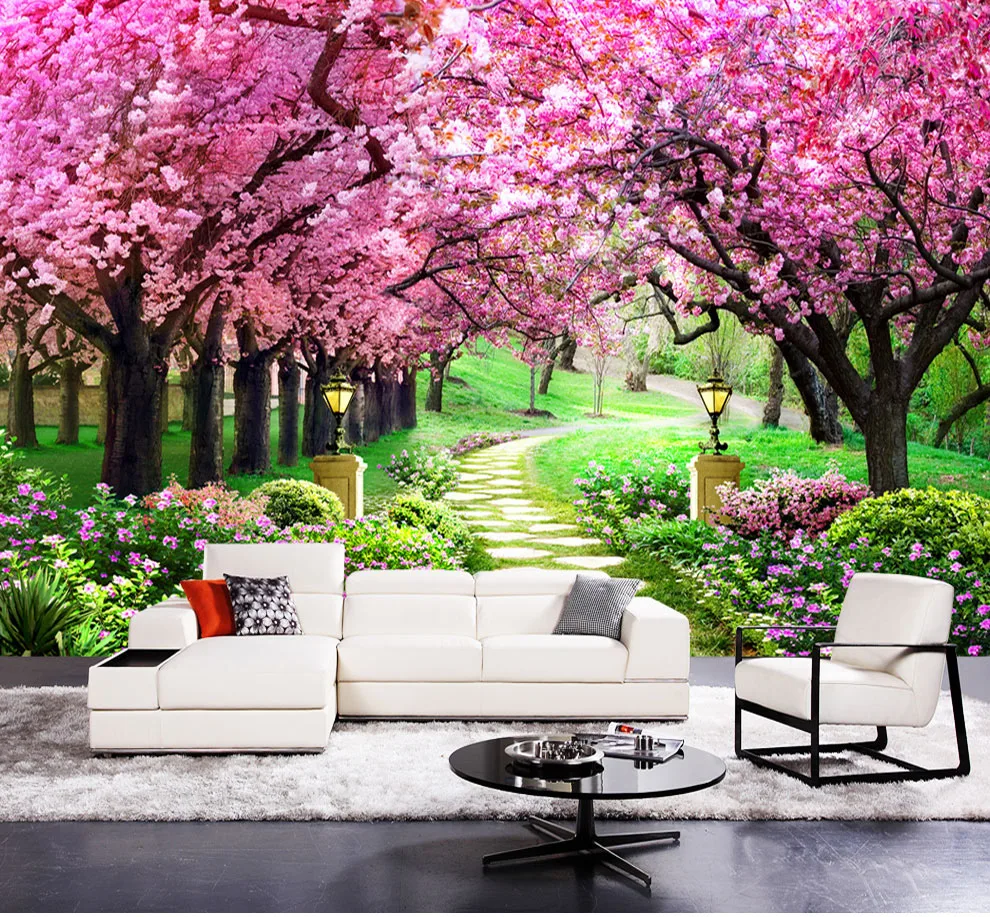 

Purple Sakura Flower Forest Road Park 3d Murals Wallpaper for Living Room TV Background 3d Nature Wall Mural 3d Wall paper