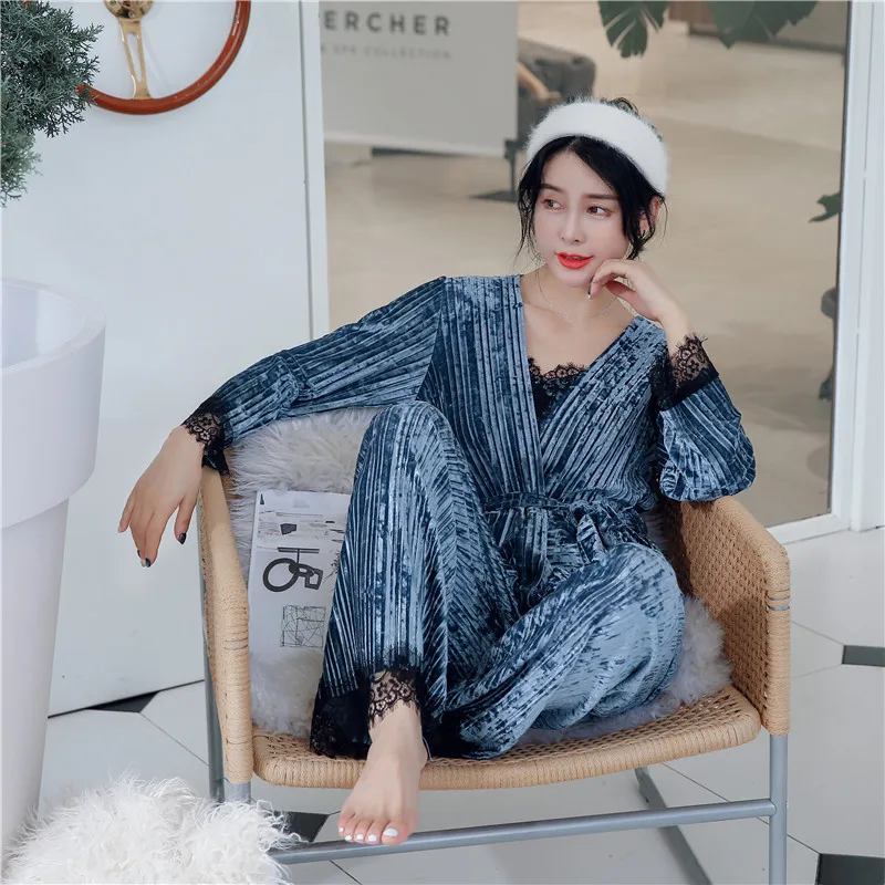 Женский сексуальный пижамный комплект зима-осень однотонный бархатный длинный