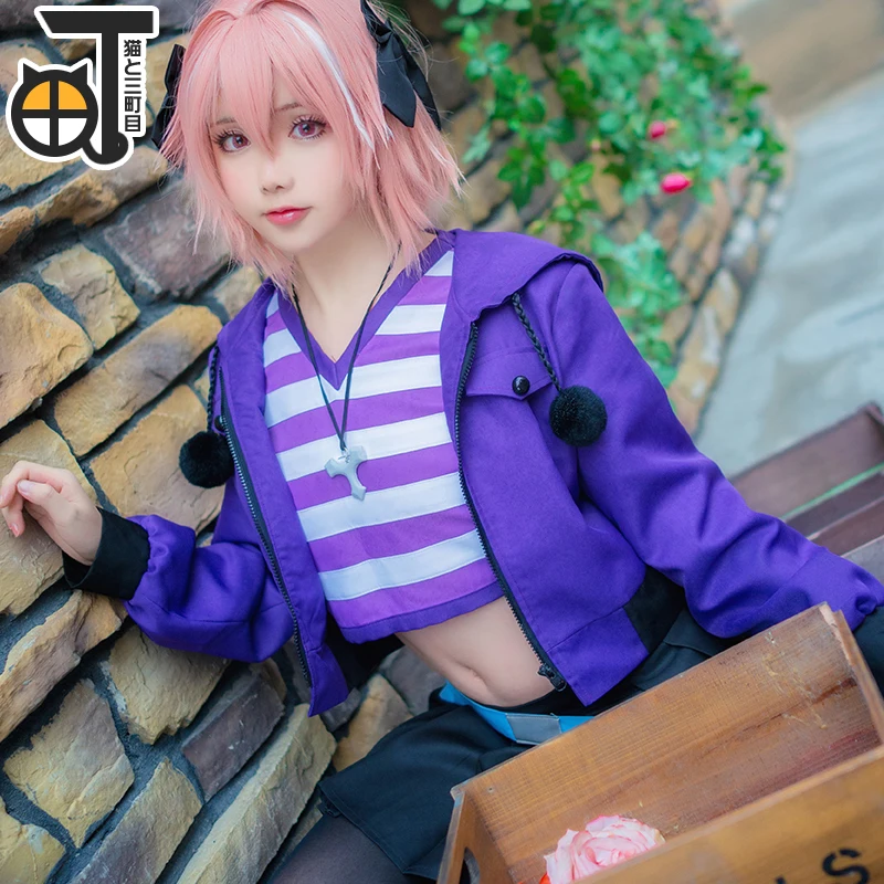 

Hot Game Fate/Apocrypha Astolfo Daydress With Ear Purple Uniform Cosplay Costumes Full Set Role Play Clothing