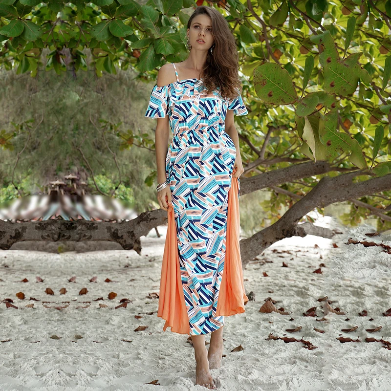 

New ruffled sling thin waist large swing stitching print long dress