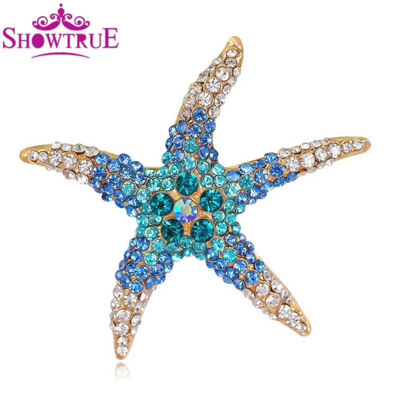 Новинка Прекрасный Синий и Зеленый Красный Кристалл Морская звезда брошь цветов