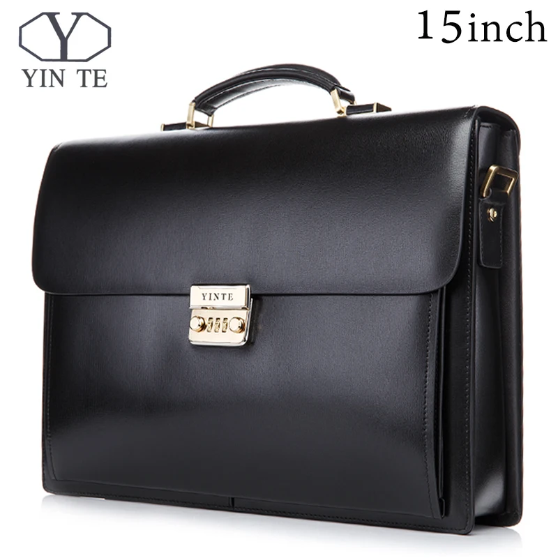 

YINTE 15 inch Leather Briefcase Men's Big Briefcase Style Bag Black Laptop Bags Lawyer Handbag Document Portfolio Totes T8158-6