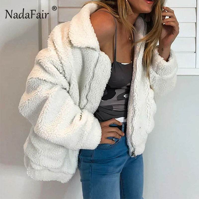 Nadafair, женское плюшевое пальто из искусственного меха, овечья шерсть, карман, Осеннее пушистое меховое пальто размера плюс, зимняя женская плюшевая куртка с отложным воротником