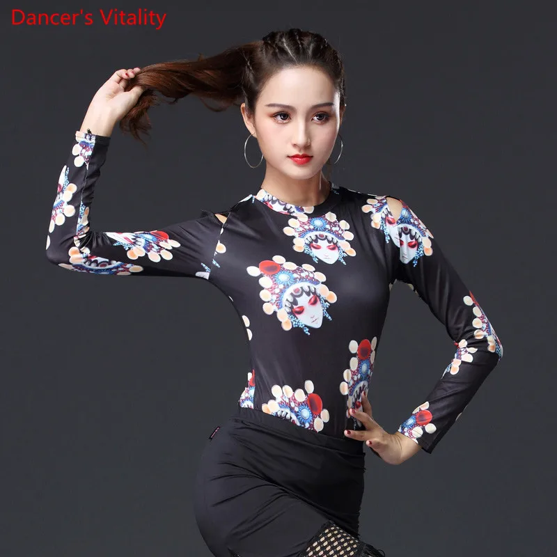 Women Long Sleeve Milk Silk Latin Dance Blouse Top Practice Sexy printing Round Neck White Black Free Shipping | Тематическая