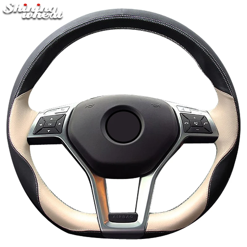 

Hand Sew Black Beige Leather Steering Wheel Cover for Mercedes Benz A-Class 2013-2015 CLA-Class 2013 2014 C-Class 2013