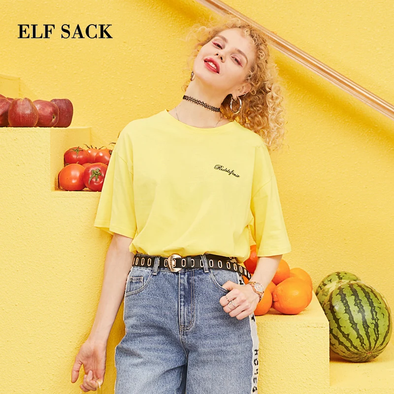 ELFSACK весна 2019 новинка Хлопковая женская футболка повседневная тканая короткая с