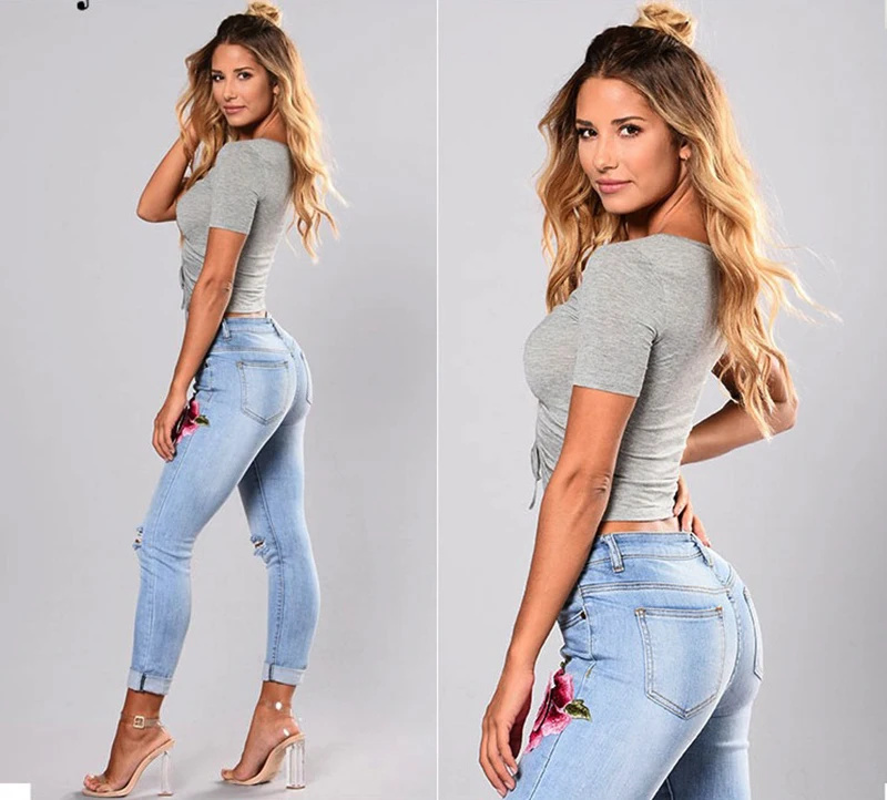 Женские классические узкие джинсы с высокой талией синие вышивкой эластичные