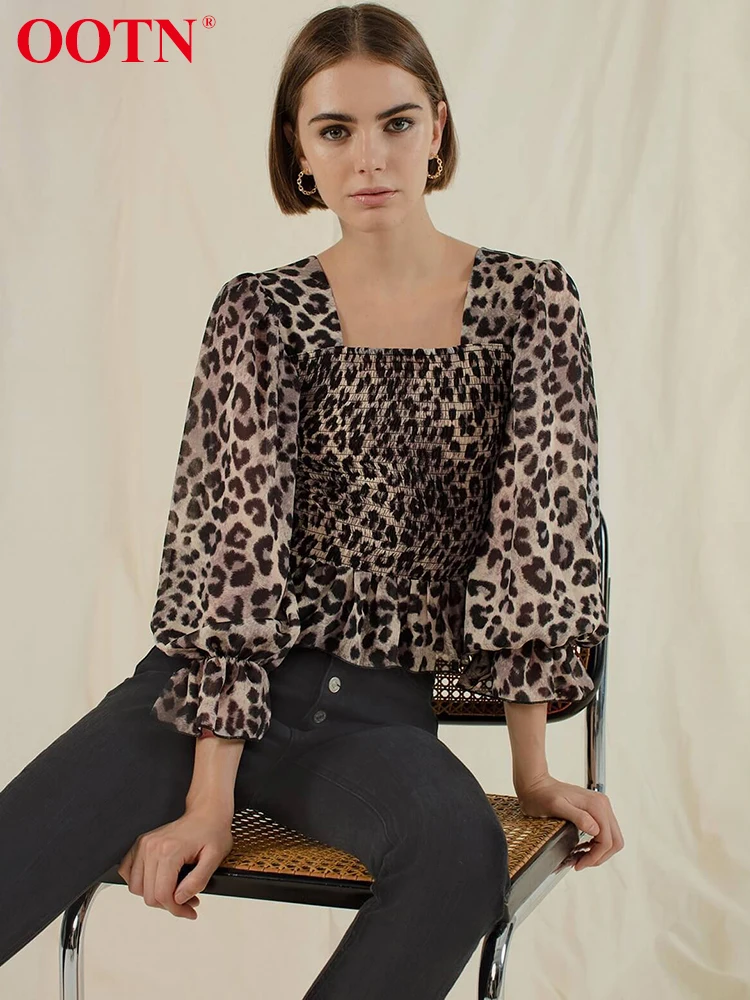 OOTN Ruffle Elastic Leopard Blouse Women Shirts Lantern Long Sleeve Square Collar Tunic Animal Print Top Peplum 2019 Vintage plus allover bird print ruffle sleeve top