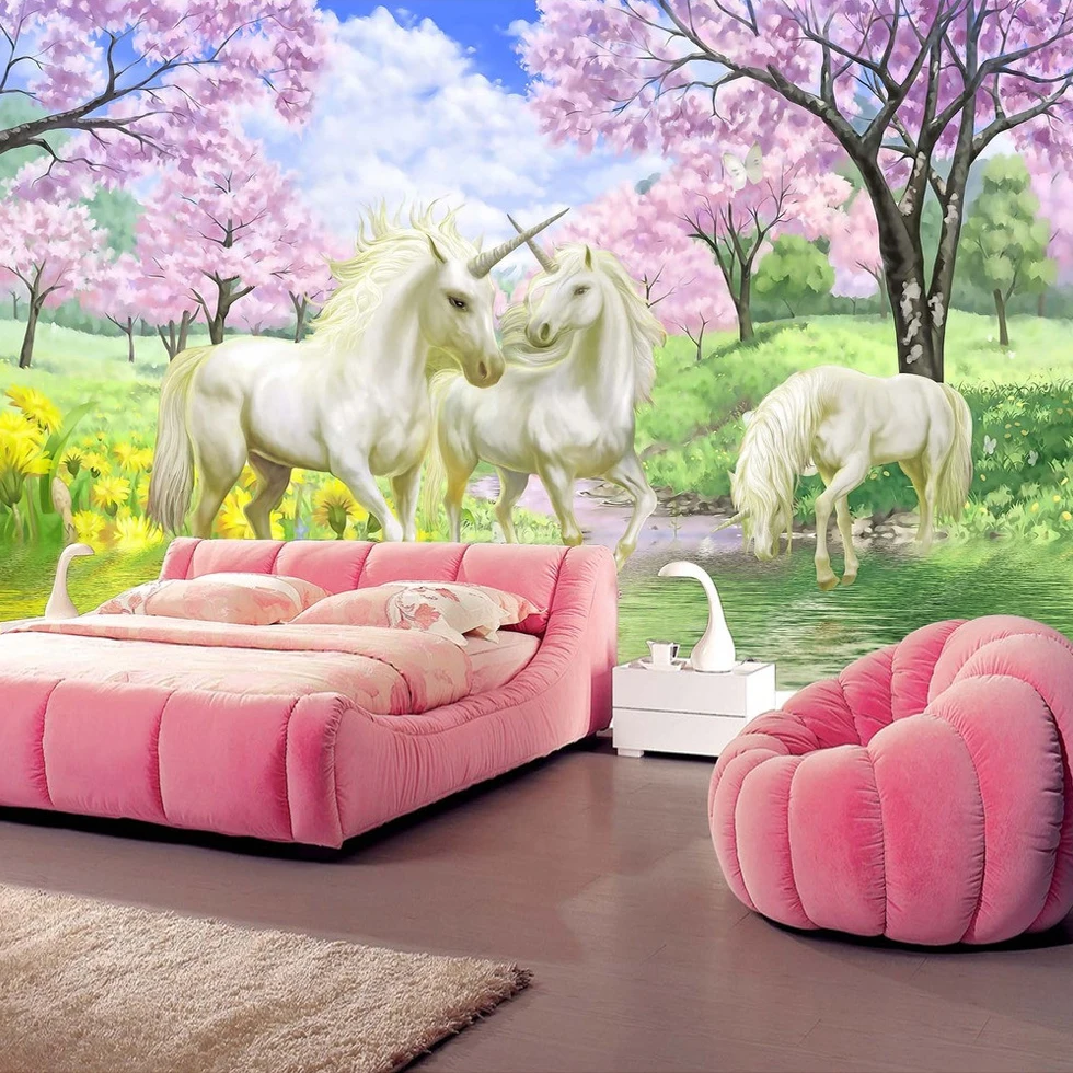 

beibehang Custom Wallpaper 3D Mural Unicorn Dream Cherry Blossom TV Background Wall Pictures For Kids Room Bedroom 3d Wallpaper