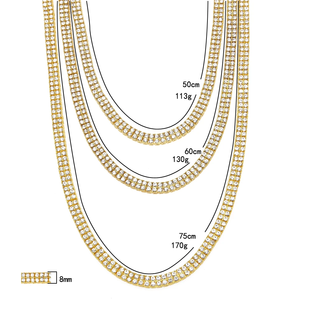 Ожерелье мужское из кубинской цепи с кристаллами и стразами 9 мм 2 ряда | Украшения