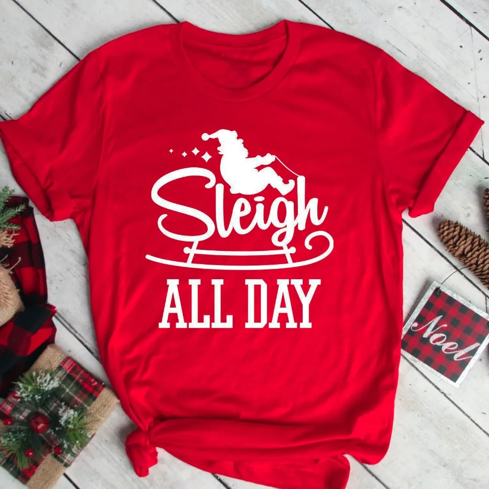 

Забавная Рождественская футболка с Санта Клаусом на санях на весь день, красивая красная женская модная эстетичная футболка в стиле Харадз...