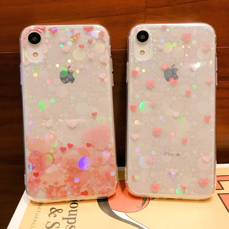 Boucho Colorful Glitter Heart-shaped Phone Case For iphone XS MAX XR X Cases Fashion Soft Cover 7 8 6 6s plus |