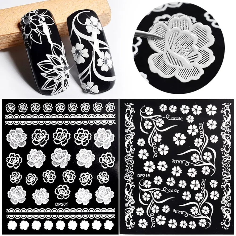 Белые цветы кружева стикеры 3D на ногти Nail Art украшения полоски 3D наклейки для ногтей самоклеющиеся DIY слайдер Дизайн Маникюр
