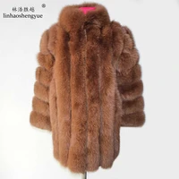 linhaoshengyue real for fur long coat with stand collar women fox fur coat