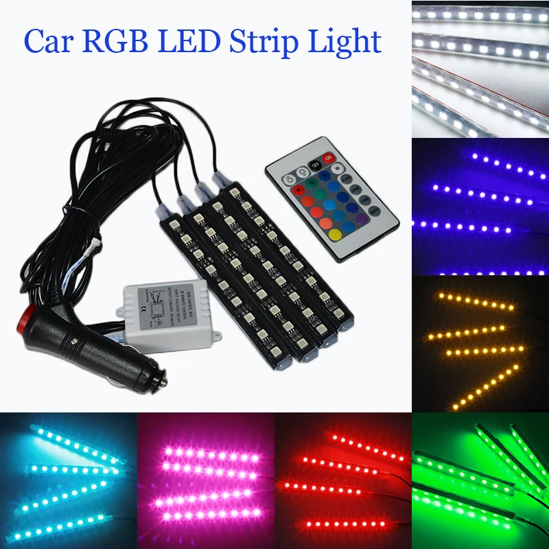 

4pcs LED Strip Lights Colorful Car RGB LED Strip Light Car Styling Decorative Atmosphere Lamps Car Interior Light With Remote