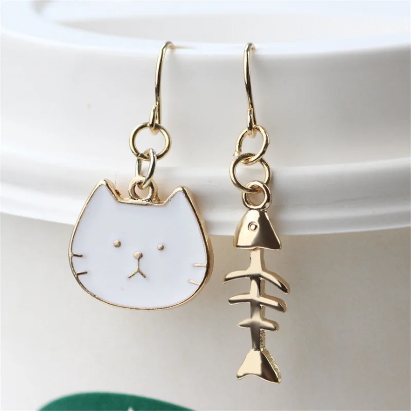 Новые милые асимметричные серьги рыбки с котом Kawaii Kitten Fishbone висячие для женщин