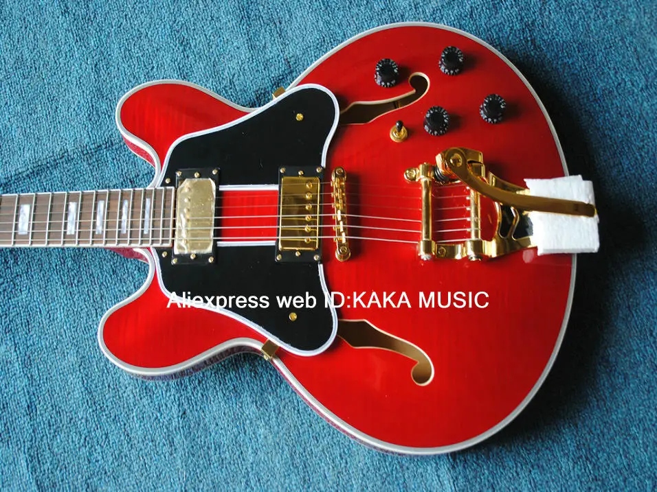 Красный пользовательский магазин Полые джазовые Гитары двойной накладки