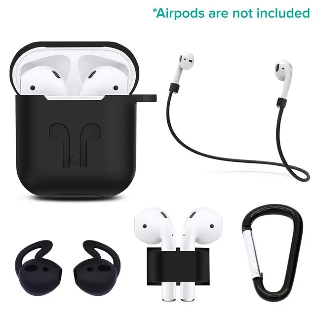 Black Suntaiho силиконовый защитный чехол AirPods 5 в 1 Аксессуары для AirPods набор с зажимом держатель+ брелок+ ремень+ наушники крючки для ушей - Цвет: Black