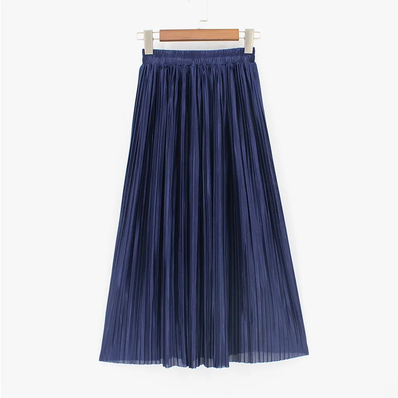 Navy blue Повседневная плиссированная макси юбка Длинная женская юбка до середины икры пляжная армейская зеленая металлическая винтажная юбка средней длины с завышенной талией - Цвет: Navy blue