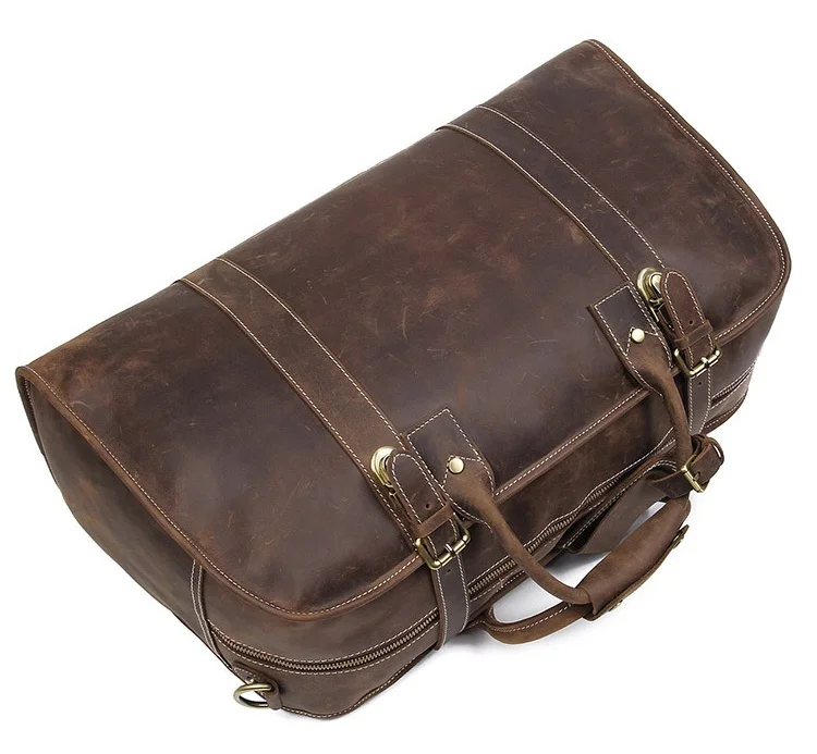 MAHEU Retro Style Leather Travel Handbag Fashion Crazy Horse Mens Leather Bag Shoulder Travel Bag Natural Cow Skin High Capacity