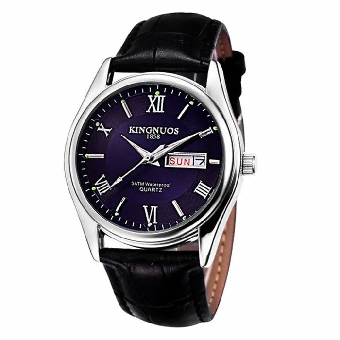 leather black blue Relogio Masculino, люксовый бренд, нержавеющая сталь, аналоговый дисплей, дата, неделя, водонепроницаемые мужские кварцевые часы, деловые мужские наручные часы - Цвет: leather black blue