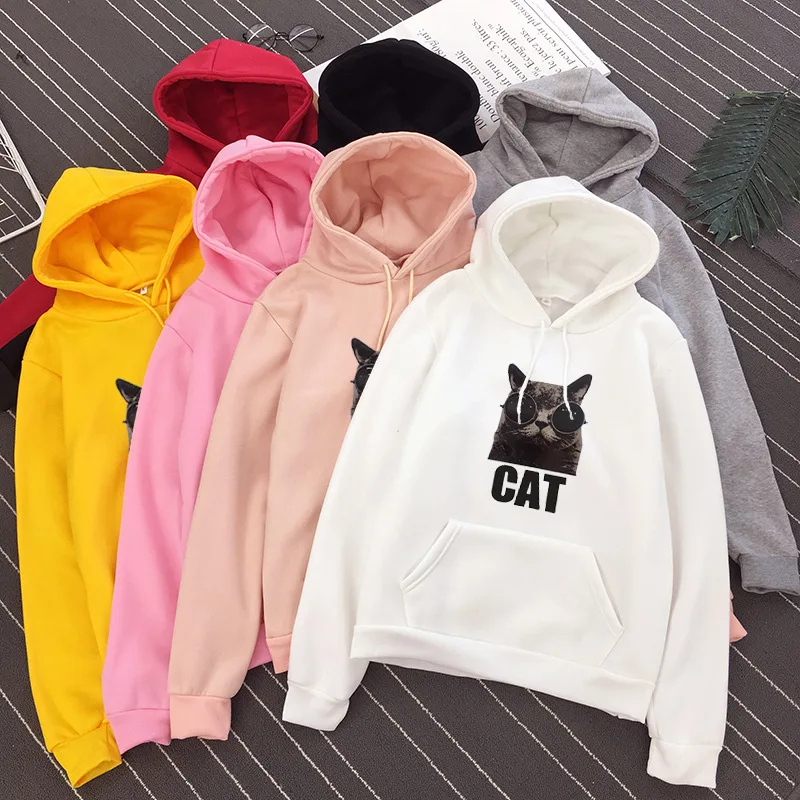 Harajuku женская черная кошка печать с капюшоном полиэстер длинный рукав персонаж