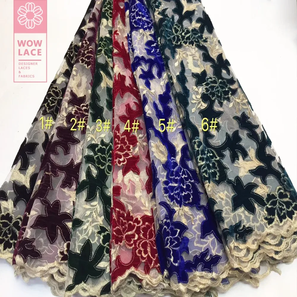 

New Style Royal Blue Colour Velvet Embroidery Voile Net Fabric For African Indian Noble Women Dress Guipure Net Mesh Tulle Laces