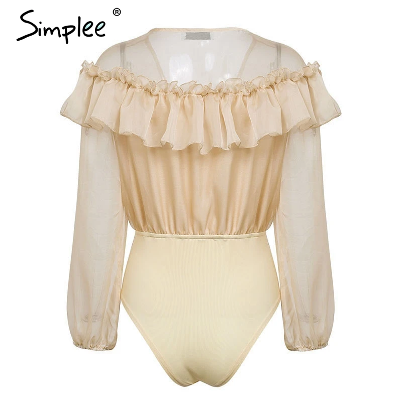 женское белое шифоновое боди Simplee сексуальный комбинезон с рюшами глубоким