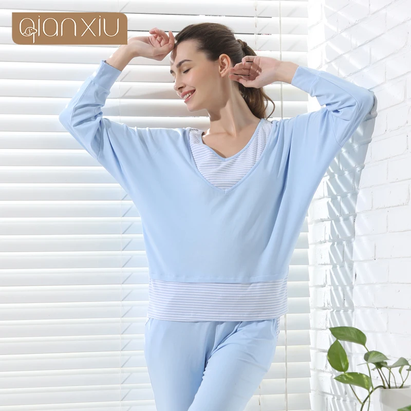 

Autumn New Cotton Pajamas Fiber V-Neck Collar Patchwirk Long Sleeve Striped Pajama Suit For Women Household Clothing