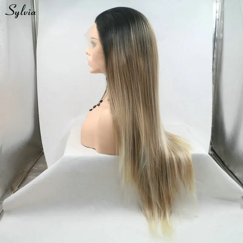Сильвия перетащить парик черные корни Омбре коричневый блонд Синтетические
