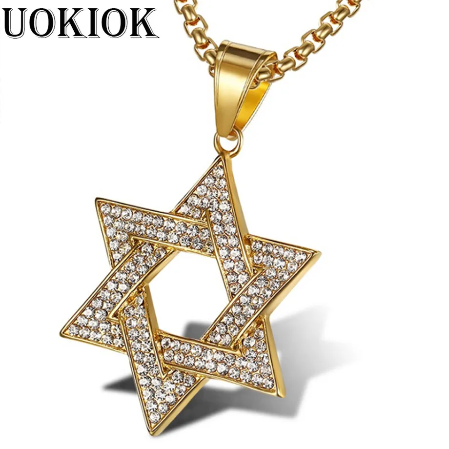 

Hip Hop Jewelry Jewish Star Of David Necklace Pendant Gold Stainless Steel Hexagram Necklace Iced Out Chain Mens Womens Gift