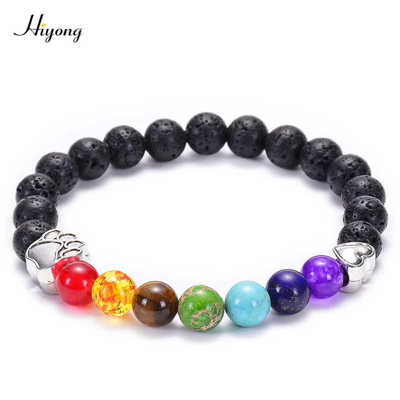 Собачий коготь браслет 7 Чакра Исцеление баланс бусины браслеты из лавового камня рейки Будда молитва натуральный камень Йога ювелирные изделия для медитации - Окраска металла: Silver-Lava stone