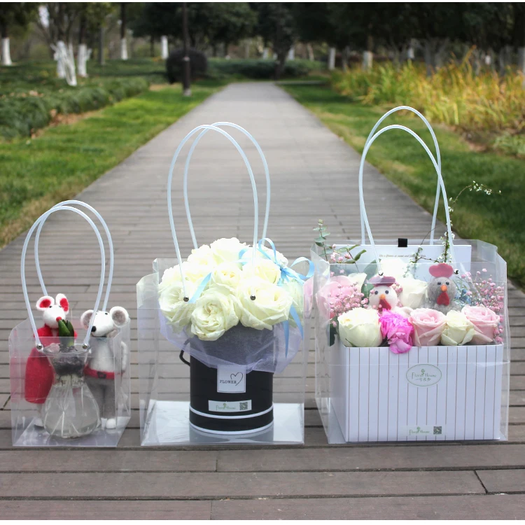 new arrival square portable gift bags with handles transpanrent plastic flower containing bags food packaging shopping bags