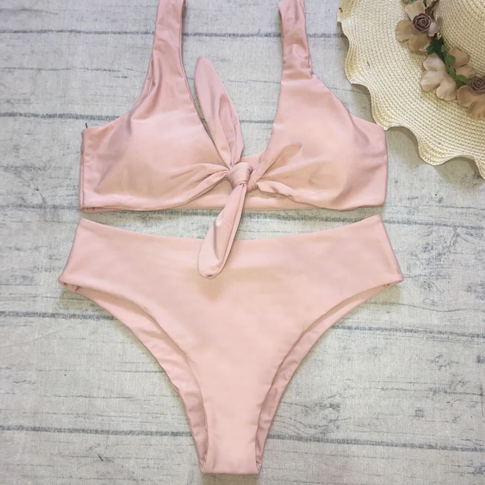MUXILOVE Sexy Solid Biquinis Padded Tied Bowknot High Waist Bikini Set Women Swimsuit Beach Swimwear Bathing Suit Maillot De Bai |