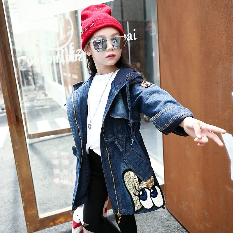 Spring Autumn Girl Denim Jackets Coats Outerwear Kids Clothing Jeans Coat for Girls Lips Sequin Children Clothes Jacket | Детская одежда