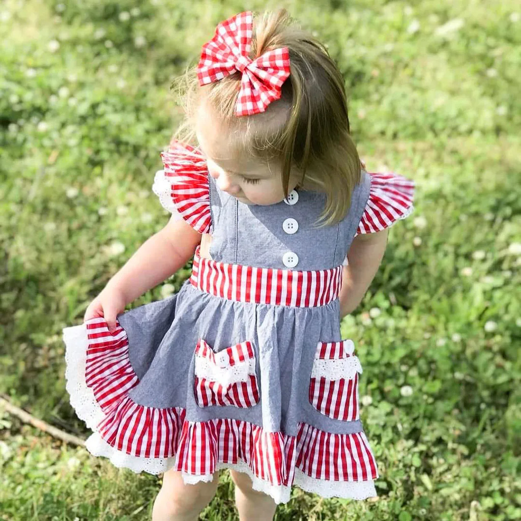 Toddler Baby Girls Fly Sleeve Plaid Ruffles Lace Pocket Dress+Headband Outfits Vintage Infant Newborn Dress 2019 | Детская одежда и