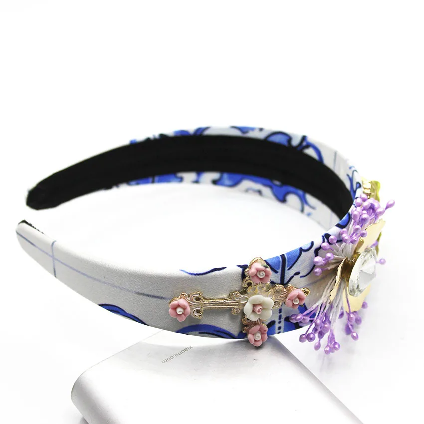 Crystal Hairbands Baroque Crown Retro Cross Purple Pearl Flower Wide Headband Leaves Bridal Headdress Hair Jewelry Accessories | Украшения