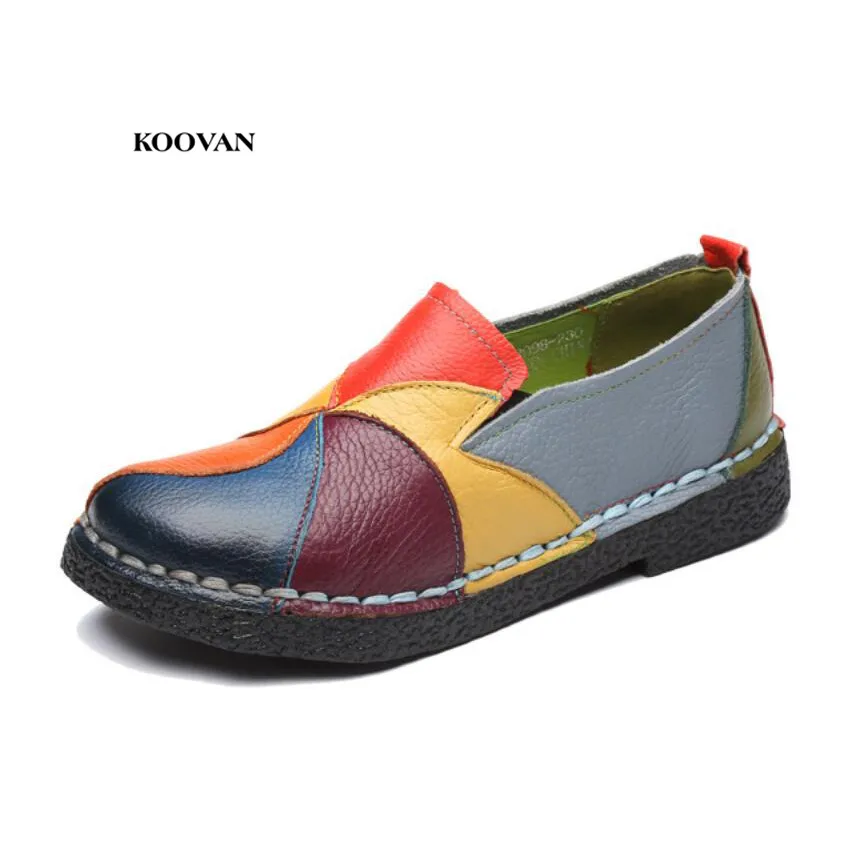 

Koovan Women's Leather Shoes National Style Handmade Genuine Leather Mixed Colors Women's Shoes Casual Soft Bottom Mother Flats