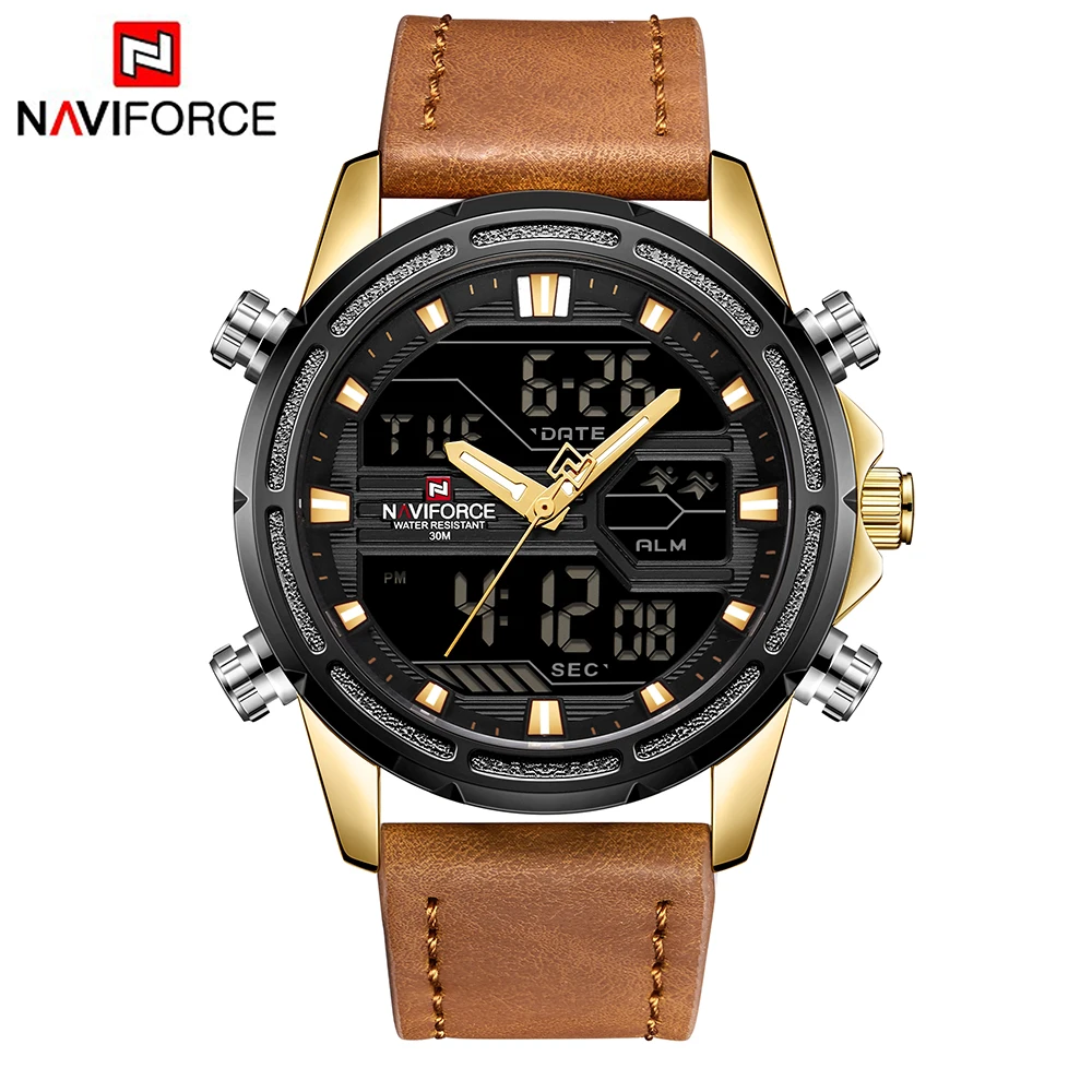 NAVIFORCE мужские цифровые часы Топ люксовый бренд открытый светодиодный кожаный