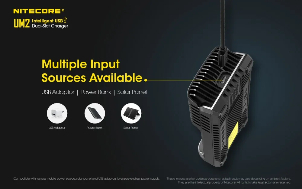 Nitecore UM2 USB Двухслотовое QC зарядное устройство интеллектуальная схема глобальная страховка Li-Ion AA 18650 20700 26500 26650 зарядное устройство