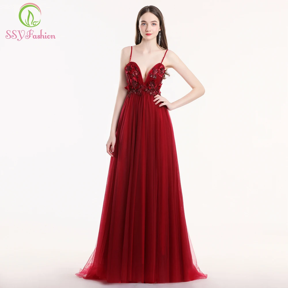 SSYFashion/Новое пикантное платье для выпускного с v-образным вырезом и открытой спиной, без рукавов, винно-красного цвета, кружевной цветок, праздничный официальный вечерний наряд, подиумные платья