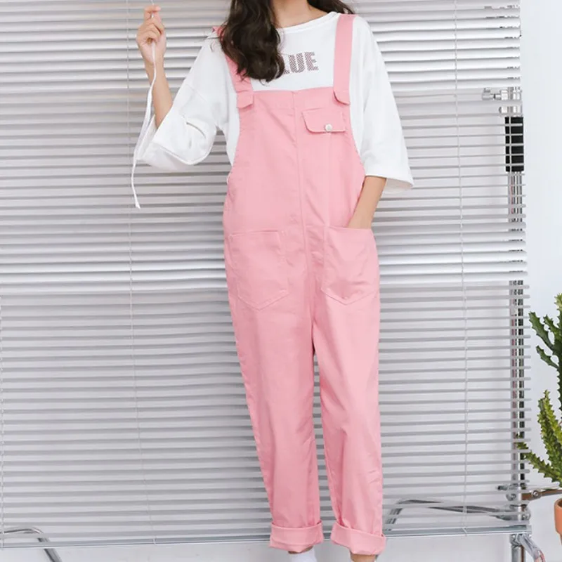 Розовый Spring Solid Color Denim Jumpsuits Women Vintage Fashion New Jean Overalls for Women Loose Pocket Long Pants Women Jumpsuit - Цвет: Розовый