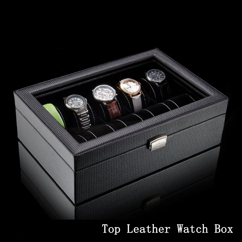 Top PU Leather Watch Case With Window Black 10 Grids Watch Storage Boxes Brand Watch Display Box Watch Gift Box B038