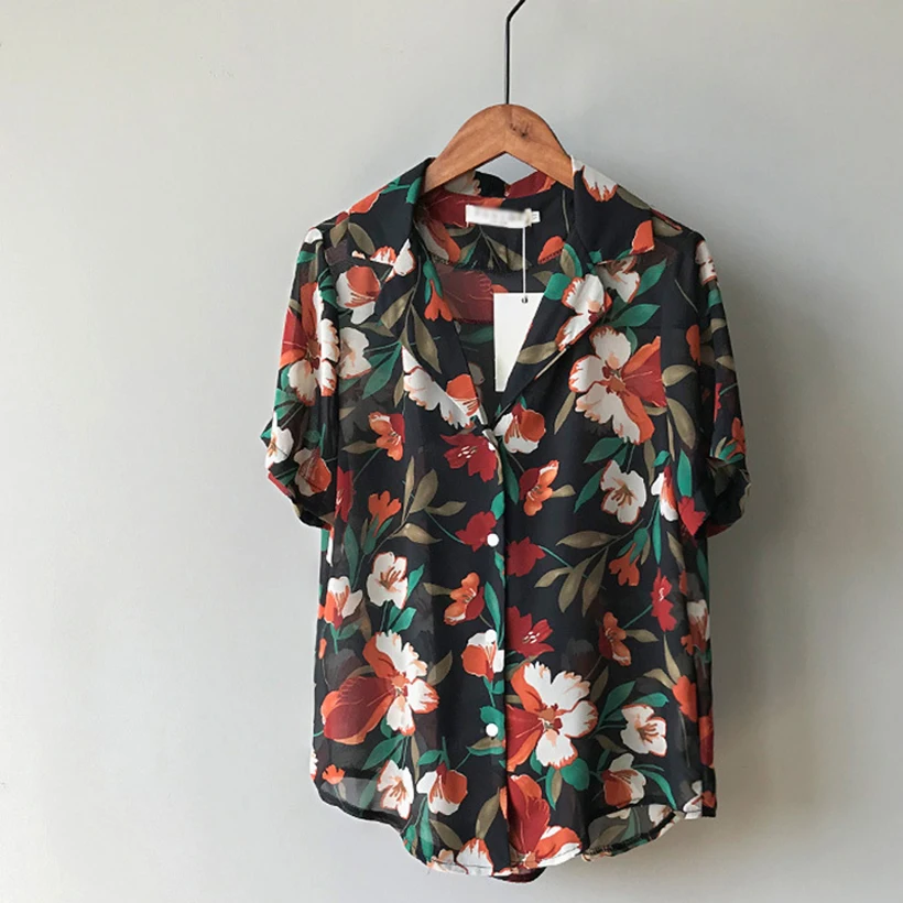 Women Blouses 2019 Floral Print short Sleeve Turn Down Collar Blouse Ladies Shirts summer chiffon Blusas Chemisier Femme |