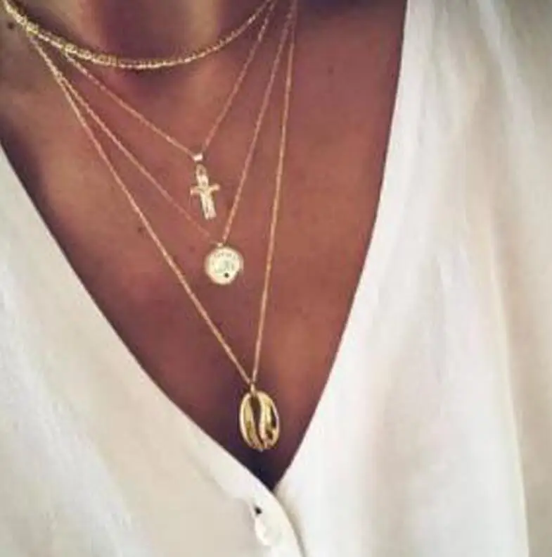 Tocona Bohemia Gold Color Pendant Necklace Women Hollow Virgin Mary Cross Shell Moon Star Eyes Chain Choker Jewelry Wholesale - Окраска металла: C12209