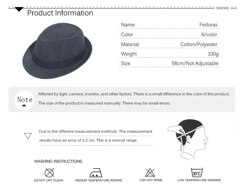Gray Black Fedora Hat Classical Wide Brim Hat Men Solid Men's Dad Vintage Top Jazz Hat Autumn Winter Bowler Sombrero Felt Cap
