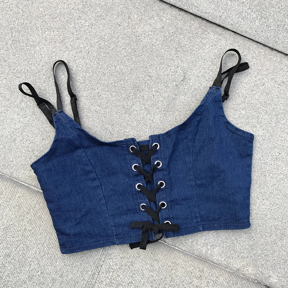 

Sexy Cami crop top women Summer Denim shirt Short Bandage beach tank top Nightclub party befree festival streetwear cropped Top
