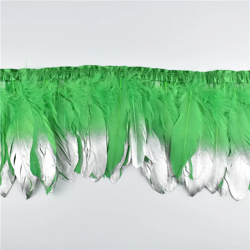 Green Silver 2 м/лот золото окунутое украшение из гусиных перьев окрашенные Настоящее гусиное перо для ремесел лента с бахромой санмы Свадебные Перья украшения - Цвет: Green Silver