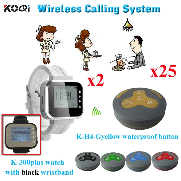 

Wireless Watch Pager System 433.92mhz Catering Set 2pcs Table Buzzer Call Button K-H4 With 25pcs Alphanumeric Pager K-300plus